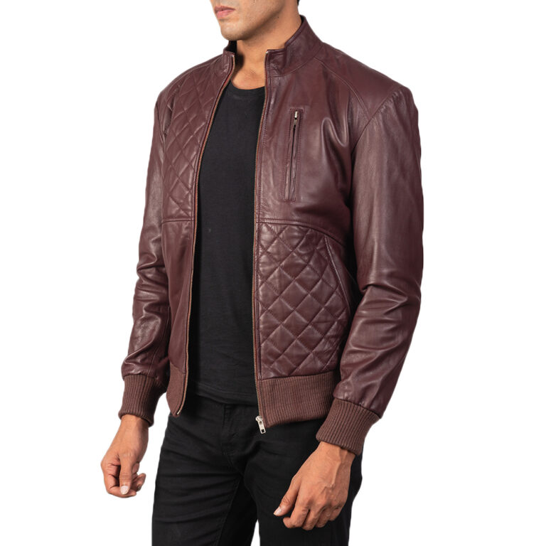 Mens Moda Maroon Leather Bomber Jacket6218-3-1568640980050